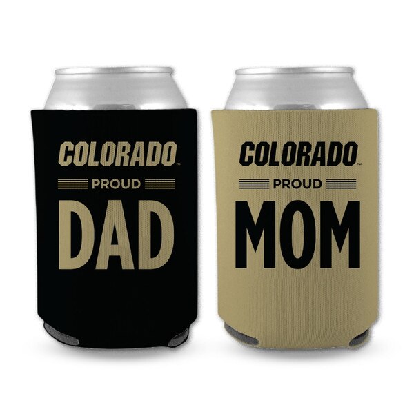 One black can holder with "Colorado Proud Dad" written in gold. One gold can holder with "Colorado proud Mom" written in black.